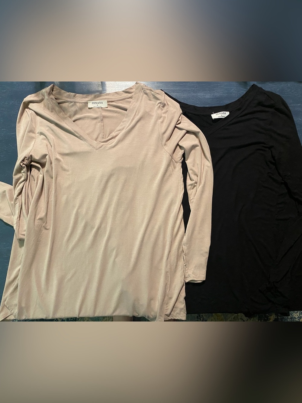 2 Zenana Outfitters Women's V-Neck Long Sleeve Top - Beige and Black